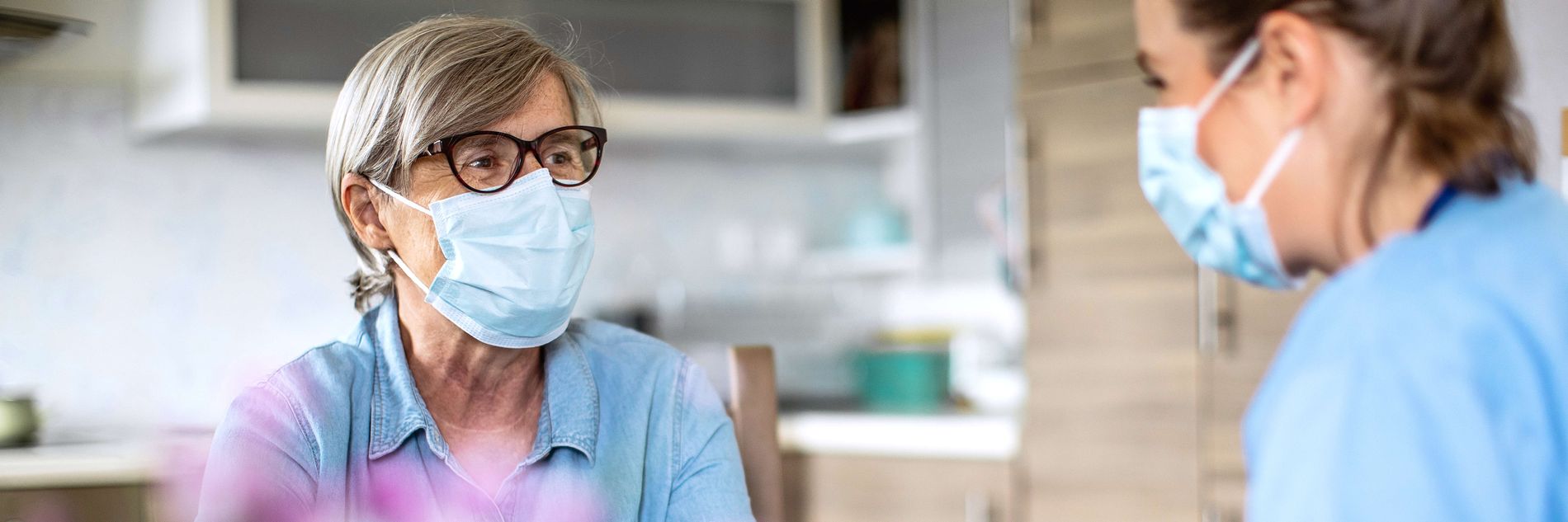 District nurse at home visit, patient, Healthcare worker, wearing mask, Diabetes, TB, QTF, senior